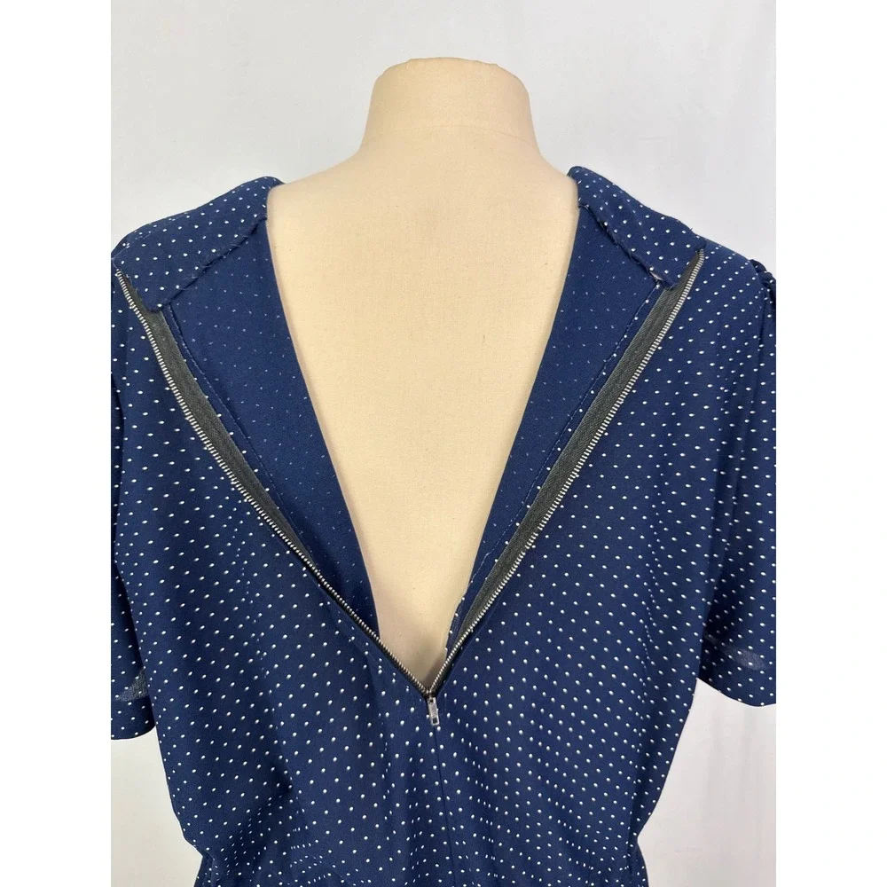 Vintage Navy Blue Polka Dot Midi Dress Short Puff Sleeve Elastic Waist Retro L